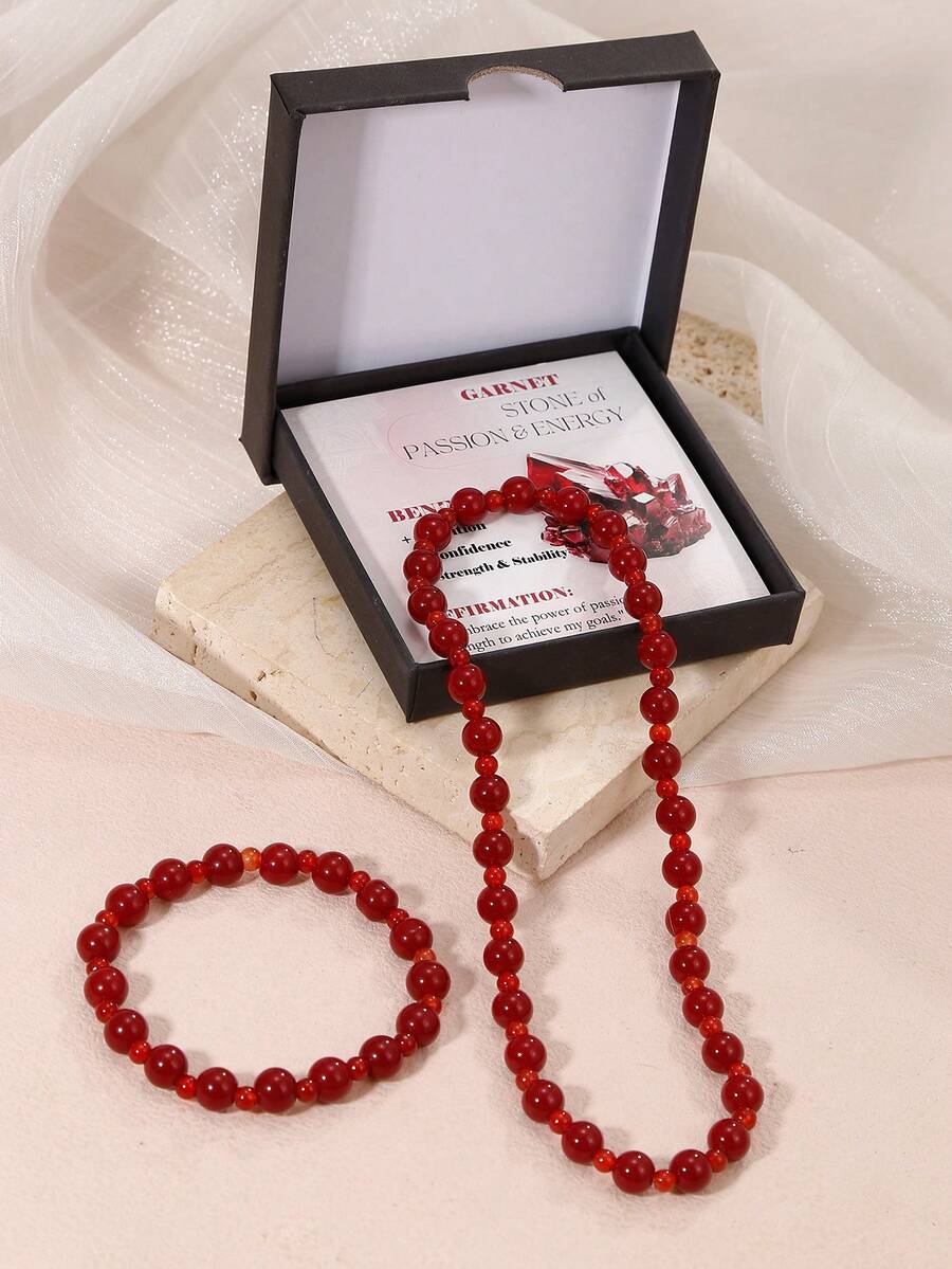 1PC 8mm Minimalist Style Natural Gemstone Stretch Bracelet Handmade Unisex Bracelets For Meditation, Yoga, Spiritual Healing & Positive Energy Red Color Gem As Meaningful Gifts For Family And Friends With Motivational Card Exquisite Gift Box