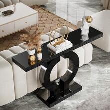 LITTLE TREE 43" Black Modern Mirrored Console Table, Rectangular Entryway Sofa Accent Table With O‑Shaped Glass Base For Hallway & Living Room - Black - View 8