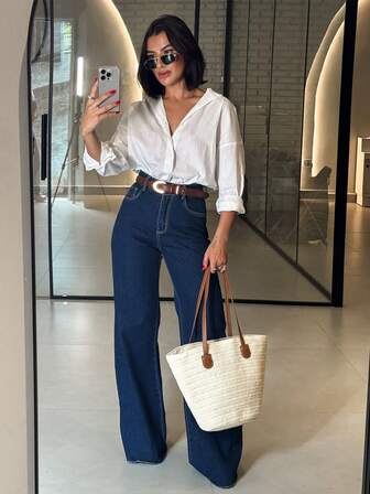 高腰弹力秋冬时尚休闲宽松深蓝色阔腿牛仔裤女