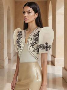 Amyenjoylife 现代夏季女式优雅气质印花泡泡袖开衫上衣 女式菲律宾短上衣 - 香檳色 - 查看 4