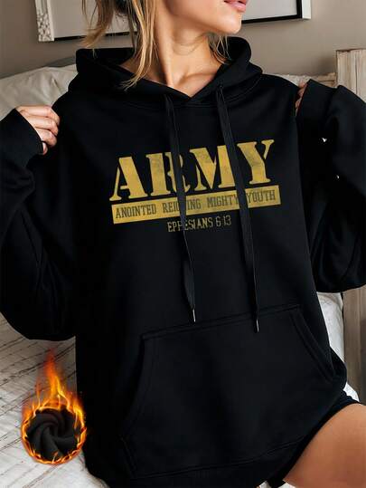 Moletom feminino com capuz, quente e ajustado, com bolsos com cordões, estampado com um tema jovem e poderoso, tecido grosso para outono e inverno, forro de lã quente, blusa feminina de algodão; ombros caídos, curvas grandes, atmosfera elegante e versátil, fusão de estilo retrô, estilo de rua e estilo universitário britânico, projetado para estações frias, uso diário de manga comprida, adequado para viagens e ambientes festivos.