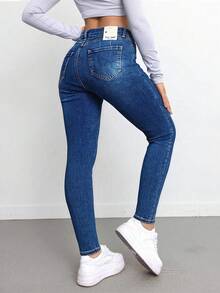 Vaqueros de mezclilla rectos, casuales, sexys, con lavado claro, rotos, con bolsillos de rejilla, largo largo, tejido elástico medio. - Azul - Ver 2