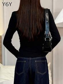 Y6Y 女款黑色优雅圆领打底衫，高品质修身长袖上衣，2025 年秋冬新品 - 黑色 - 查看 2