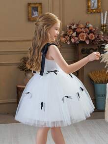 Elegantes Prinzessinnenkleid für Kleine Mädchen mit Spaghettiträgern, Schleife und Tüll, geeignet als Geburstagskleid, für Bankette, Abschlussbälle, formelle Anlässe, Feierlichkeiten, Blumenmädchenkleid zur Hochzeit - Weiss - Übersicht 5