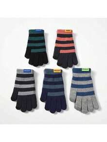 Winter Warm Gloves For Men, Thick Thermal Lining Outdoor Cycling Sports Cold-Proof Knitted Touchscreen Striped Casual Acrylic Gloves Winter Gear Snow Gloves