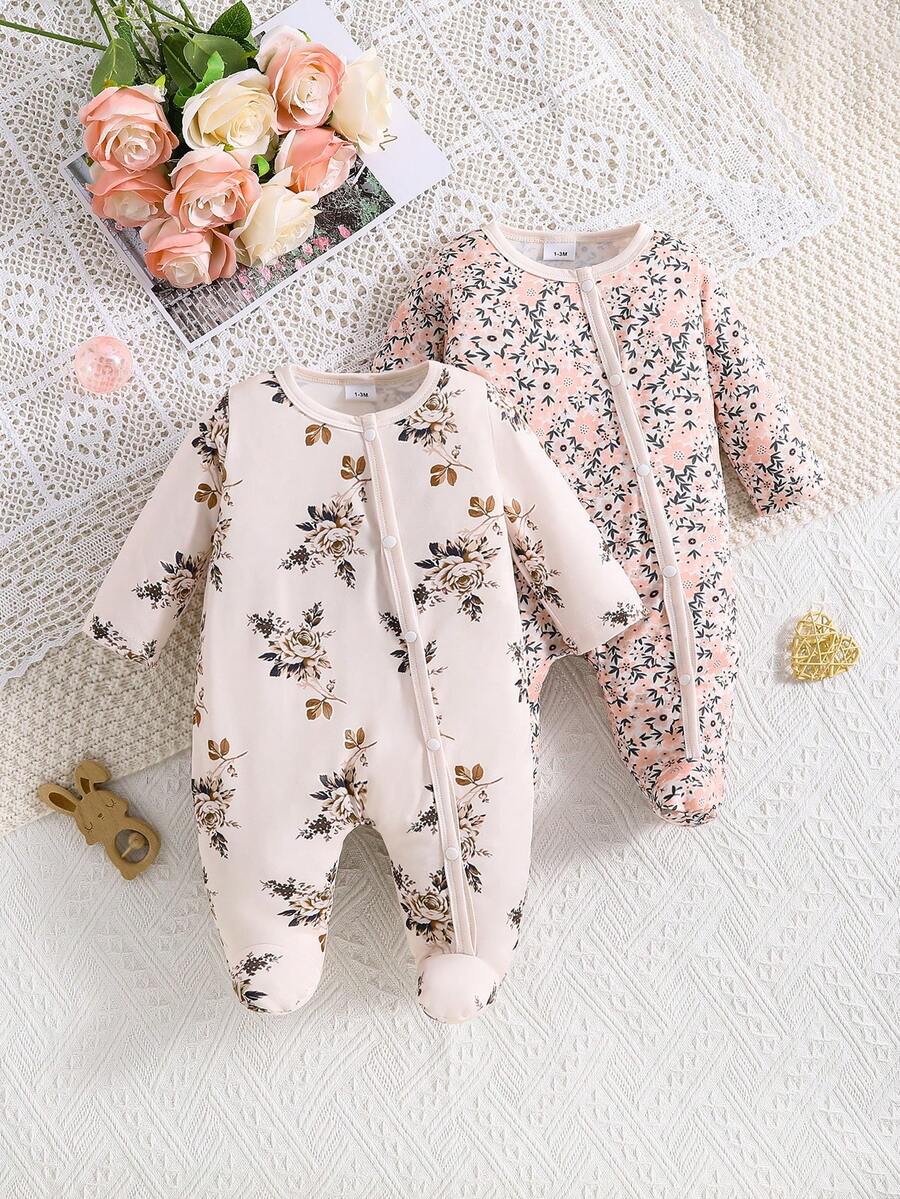 2件套可爱自然风树叶花朵印花婴儿连体衣