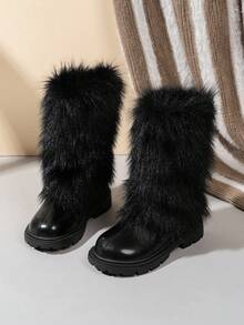 1 par de botas altas de piel de ante suave y cómoda para niñas pequeñas/niñas pequeñas, con forro de peluche, cremallera, puntera redonda, forro cálido, adorno de pelo para botas de nieve de invierno, adecuadas para niñas de 3 a 15 años para uso diario, vacaciones, otoño/invierno - Negro - Ver 2