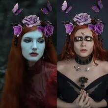 Purple Rose Flower Butterfly Headband Crown Headpiece Day Of The Dead Halloween Wedding Party Hair Hoop For Women Fairy Accessories Supplies