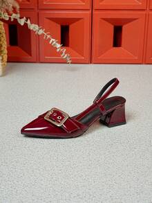Dép lê Mule mũi nhọn kiểu Pháp thanh lịch mới, quai da sơn mài màu nâu đỏ, gót dày, dép sandal xỏ ngón gợi cảm đa năng cho tiệc tùng - Màu đỏ - Xem 3