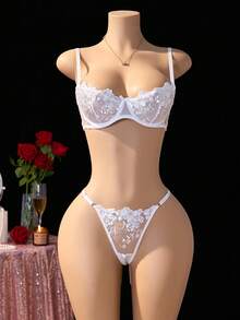 Romantic White See-Through Mesh Fabric ,2pcs/Set Women's Mesh Embroidered Lingerie Set, Comfortable Fit, Novelty & More Clothing, Sexy Intimates Bra & Thong For Women, Spaghetti Straps, Alluring, Perfect For Romantic Nights - 白色 - 查看 1