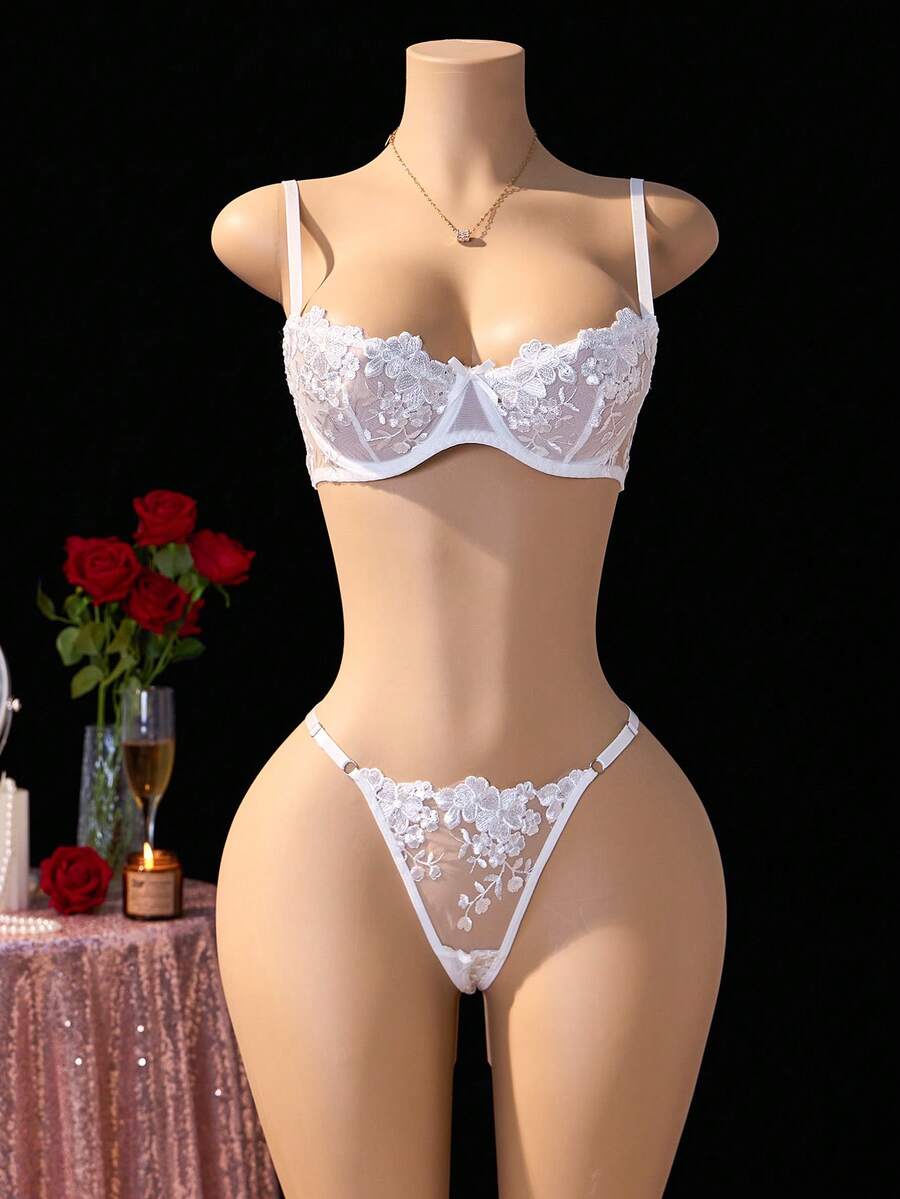 Romantic White See-Through Mesh Fabric ,2pcs/Set Women's Mesh Embroidered Lingerie Set, Comfortable Fit, Novelty & More Clothing, Sexy Intimates Bra & Thong For Women, Spaghetti Straps, Alluring, Perfect For Romantic Nights - 白色 - 查看 1
