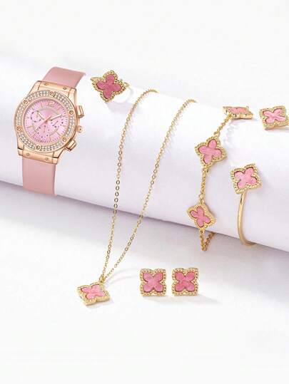 7pcs, Ladies' Watch, Modern Minimalist Luxury Diamond Studded Quartz Watch, Pu Strap, Paired With Pink Floral Bracelet Set, Including Bracelet, Ring, Necklace, Earrings, Watch Bracelet Set, Suitable For Daily Wear, A Birthday Gift For Friends