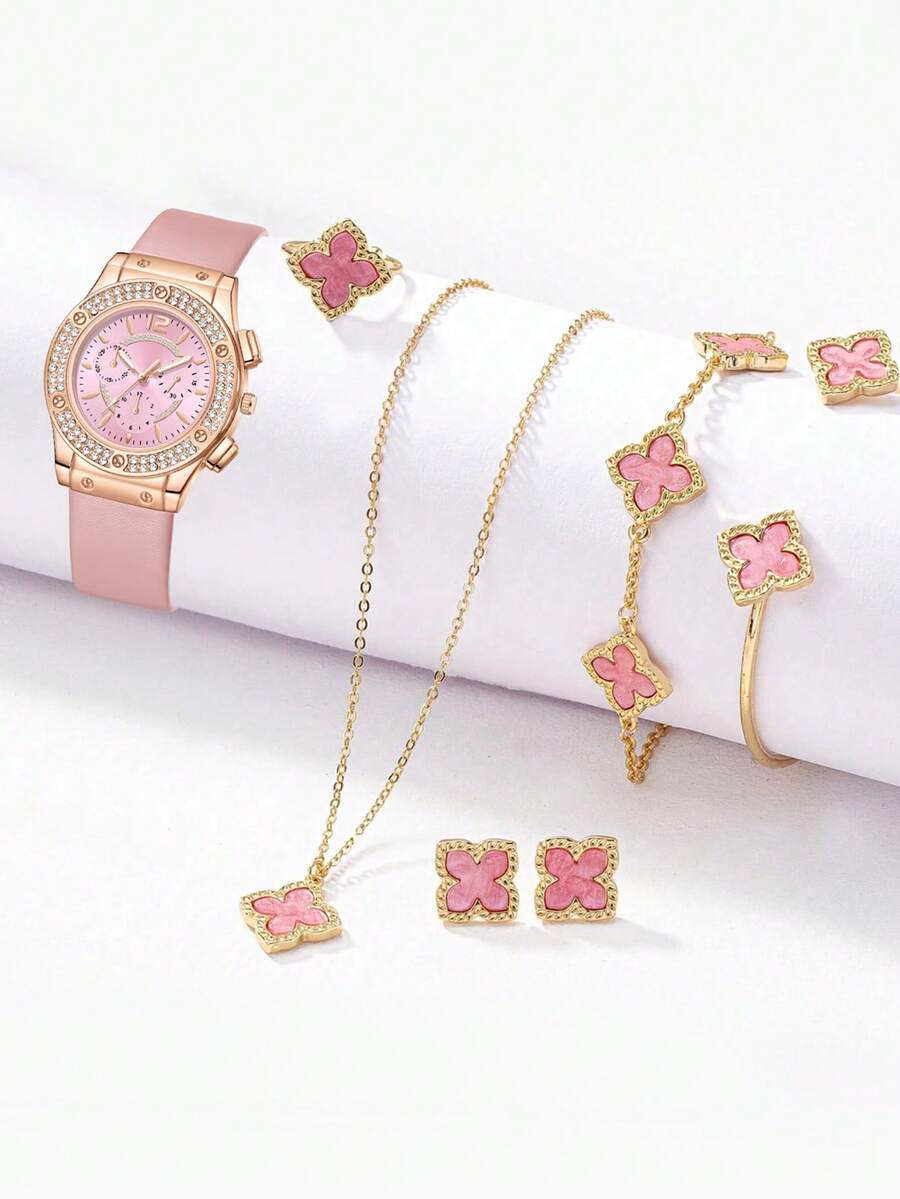 7pcs, Ladies' Watch, Modern Minimalist Luxury Diamond Studded Quartz Watch, Pu Strap, Paired With Pink Floral Bracelet Set, Including Bracelet, Ring, Necklace, Earrings, Watch Bracelet Set, Suitable For Daily Wear, A Birthday Gift For Friends