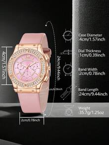 7pcs, Ladies' Watch, Modern Minimalist Luxury Diamond Studded Quartz Watch, Pu Strap, Paired With Pink Floral Bracelet Set, Including Bracelet, Ring, Necklace, Earrings, Watch Bracelet Set, Suitable For Daily Wear, A Birthday Gift For Friends