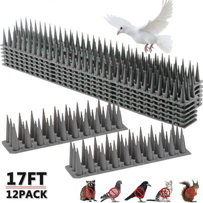 Bird Spikes For Fence Tops, Plastic Fence Toppers And Roof Tall Spikes Keep Pigeon Seagull Or Animals Stop, Fox Squirrel Deterrent Fence Anti Climb For Garden Wall Grey 12pcs 5 Meters