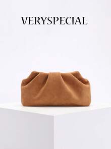 高品质复古风格棕色麂皮手拿包，玛琳风格女士麂皮手拿包，欧美时尚褶皱简约女士手拿包，配链条肩带 - 棕色 - 查看 17