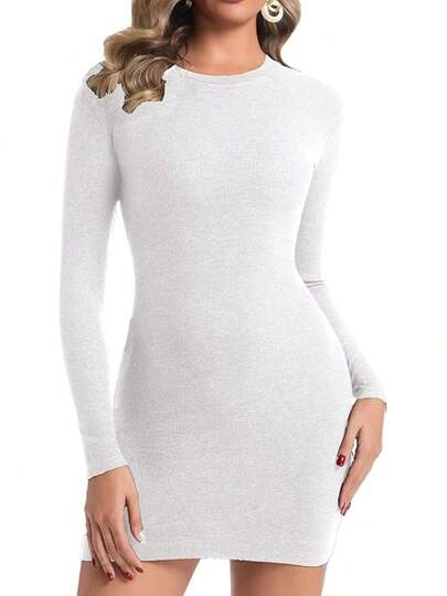 Vestido de manga larga para mujer, de punto acanalado, cuello redondo, vestidos de otoño, mini vestidos cortos, ropa de moda 2025