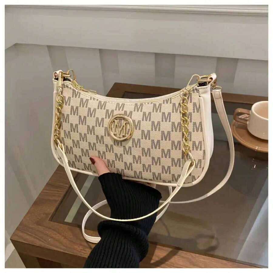 KRYEON Women's Vintage Crossbody Bag With Gold Chain And M Pattern - Black/Brown/Cream Fashion Shoulder Bag, Fashion Handbag, Metal Decoration, Designer-Inspired Tote Bag, Elegant Everyday Clutch, Crossbody Bag - Cà phê - Xem 1
