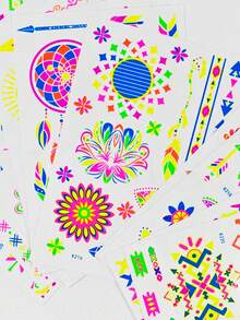 12张Y2K炫彩霓虹临时纹身贴纸，夜光人体彩绘贴纸，紫外线纹身贴纸，非常适合夜间派对，多种图案可用于音乐节和派对人体彩绘。 - 彩色 - 查看 10