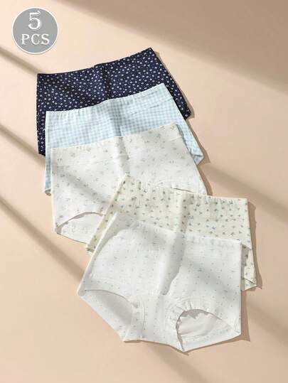 5pcs Women High Waist Printed Soft Cotton Stretch Briefs, Comfortable Fitted Panties