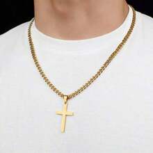 Men's Cross Pendant Necklace, Basic Style Stainless Steel Cross Necklace, Waterproof Non-Fading Jewelry, High-Quality Thin Chain Cross Pendant Necklace, Cuban Link Cross Necklace, Fashionable Stainless Steel Accessory, Gift For Him, Suitable For Daily Wear And Parties - Silver - 查看 4