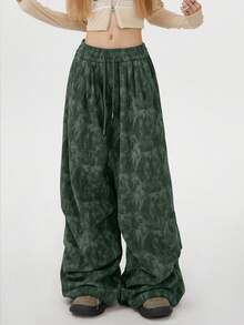 YI XUAN Women's Plus-Size Green Corduroy Wide-Leg Fall Trousers, Drawstring Waist With Pockets, Non-Stretch Loose Fit. - Army Green - View 6
