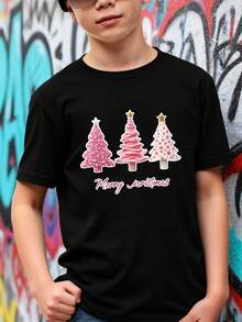 Playeras de niño Árboles de Navidad Rosas Feliz Navidad tops para adolescentes conjuntos para adolescentes Camiseta de Halloween para niñas Regalos navideños Camisetas de niña Camisetas navideñas Camisetas para niños y niñas La tela es suave, transpirable y cómoda, hecha de puro algodón. - Negro - Ver 1