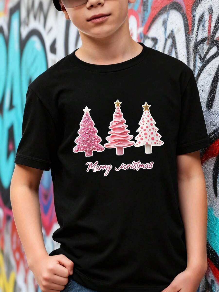 Playeras de niño Árboles de Navidad Rosas Feliz Navidad tops para adolescentes conjuntos para adolescentes Camiseta de Halloween para niñas Regalos navideños Camisetas de niña Camisetas navideñas Camisetas para niños y niñas La tela es suave, transpirable y cómoda, hecha de puro algodón. - Negro - Ver 1