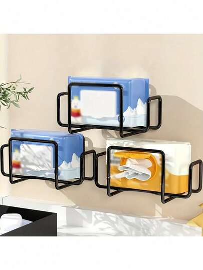 1pc Iron Wall-Mounted Tissue Paper Holder With Wet Wipes Storage Box, No Drilling Required, Suitable For Bathroom, Kitchen And Toilet