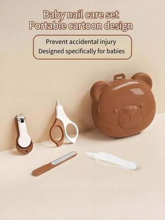 5-Piece Brown Baby Nail Care Set Cartoon Portable Design Nail Scissors, Nail Clippers, Nose Tweezers Nail File Storage Box Rounded Blade To Prevent Accidental Injury Professional Baby Design With Nail Clippers With Debris Collection Function PP + Stainless Steel Material