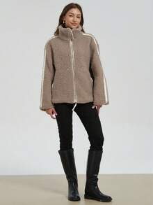 Neue Herbst/Winter Damen Oversized Teddy Mantel - Lässiger Schnitt fällt groß aus, empfehlen Sie eine Nummer kleiner für besseren Sitz, Retro Streetstyle Plüsch Oberbekleidung mit Stehkragen und Seitenstreifen - Kaffeebraun - Übersicht 6