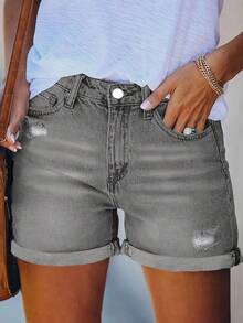 Cross-Border American Street Style New Summer Versatile Vacation Style Loose Simple Casual Hem Worn Solid Color Washed Women's Jeans - Light Grey - View 7