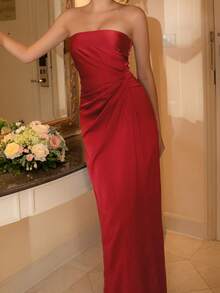 Onicee 女士优雅缎面无肩带圣诞红色连衣裙 - 紅色 - 查看 6