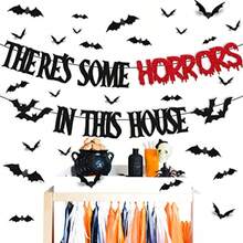 26 PCS There's Some Horrors In This House Decorations Halloween Banner Bats Wall Decor Horrible Theme For Boy Girl Party Supplies Black And Red Glitter