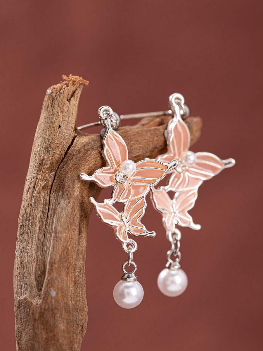 1 Pair Delicate Cute Pink Butterfly Pearl Pendant Earrings, Suitable For Christmas And Other Holidays Decoration, Christmas And Other Holidays Gift For Family And Girlfriend