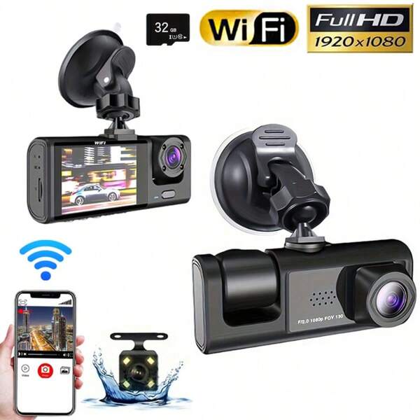 High-Definition 1080P Three-Lens Dashboard Camera, Optional 32G Memory Card, WIFI Wireless Connection, WDR Technology, Automatically Deletes Old Recordings When The Recording Memory Is Full, G Gravity Sensor Automatically Locks Video Upon Collision