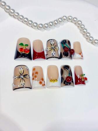 10pcs Y2K Autumn & Winter Nails Duckbill Shape Red & Brown Tortoise Shell Pattern French Handmade Press On Nails, With 3D Red Cherry, White Flower Extend, Gold Pearl Embellishment; Nail Supplies, Acrylic Press On Nails Homemade Nails DIY, Nail Art, Acrylic False Nails; Suitable For Holiday, Parties, Daily Wear; Includes 1pc Nail Sticker & 1pc Mini File