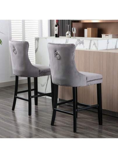 Contemporary Fluwelen Upholstered Bar Stool Buttoned Lattice Wooden Legs Chrome Nailhead Chair, Stools, DE2002BL view 3