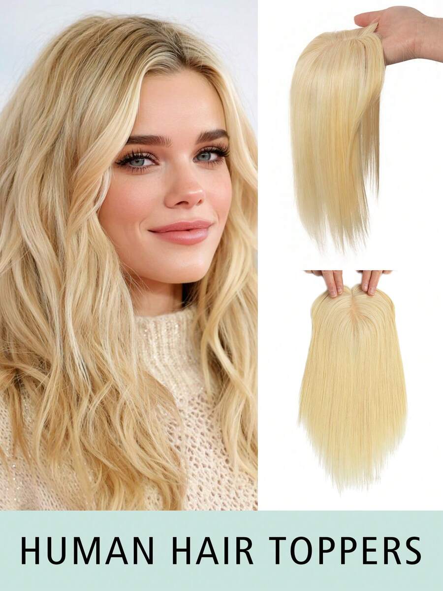 Human Hair Topper With Bangs Bleach Blonde New Upgrade Hair Toppers For WomenCovers Gray &Adds Volume Lightweight Seamless Hair Topper Silk Base Clips In Topper