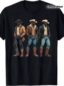 [Durable] Camiseta de algodón negra para hombres con estampado de vaquero occidental - Suave y cómoda, ideal para uso casual, camisetas occidentales - Negro - Ver 1