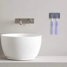 Toothbrush Holder Wall Mounted With Cover For Bathroom, Toothbrush Storage Organizer For Shower, Self Adhesive Toothbrush Hanger With Automatic Toothpaste Squeezer Dispenser - Grey - View 4