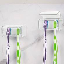 Soporte para cepillo de dientes montado en la pared con tapa para el baño, organizador de almacenamiento de cepillo de dientes para la ducha, colgador de cepillo de dientes autoadhesivo con dispensador de pasta de dientes automático - transparente - Ver 8