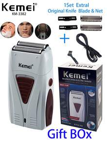 Kemei KM-3382 Rasoir électrique pour hommes, comprend 1 jeu de lames supplémentaire, rasoir réciproque à double lame, utilisation mouillée et sèche, convient pour la barbe, les soins du visage, la peau grasse, la coupe de cheveux, rechargeable par USB, design sans fil, convient pour le rasage de la tête au quotidien, usage domestique, excellent cadeau pour les hommes - Gris pâle - Voir 13