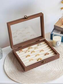 胡桃木首饰盒，带透明窗口，内衬天鹅绒首饰托盘，女士首饰收纳盒，项链戒指耳环展示托盘，大容量首饰整理盒，可收纳项链、手链、戒指、耳环、口红及其他配饰，送给女孩的礼物，旅行礼物 - 胡桃木開窗首飾盒 - 查看 18
