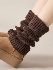 Women's Warm Leg Socks, White Knitted Warm Leg Socks, Suitable For Autumn And Winter Wear, Versatile And Stylish - 咖啡棕 - 查看 1
