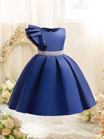EHOMKIDS Young Girl Solid Satin Formal Dress With Pearl Waist Belt, Ruffled Hemline, For Wedding/Party, Mid- To Long-Length, For Toddlers And Big Kids