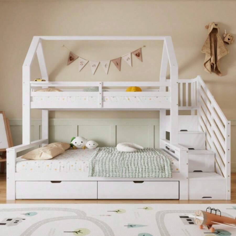 Bunk Bed, Children's Bed, Two Drawers On Castors, Beautiful Roof Design, With Safety Railing And Stair Cupboard, Pine + MDF + Plywood, White, - 白色 - 查看 1