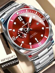 POEDAGAR 男士不锈钢日期防水夜光石英表，带旋转表圈和小秒针表盘设计，高端绅士腕表，适合商务场合，男士礼品 - 紅色 - 查看 2