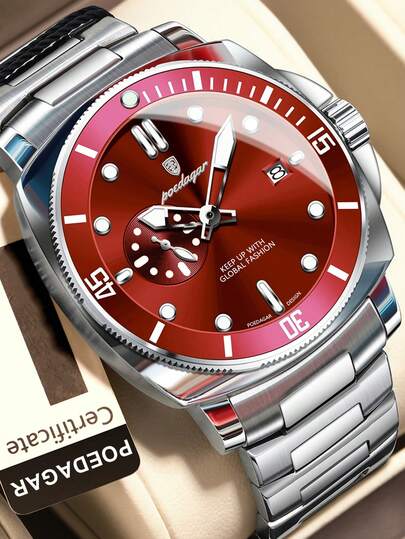 POEDAGAR 1pc Business Fashion Men's Stainless Steel Date Waterproof Luminous Quartz Watches With Rotating Bezel, Seconds Sub-Dial Design, Luxury Man Wristwatch For Work Occasions, Men's Gifts