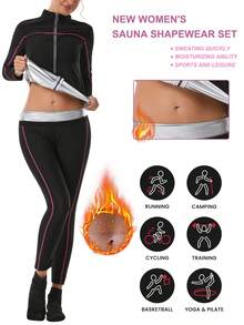 Women's Sauna Sweat Suit - Long Sleeve Zip-Up Jacket And Pants, Reinforced Yoga Sweat Effect, Suitable For Sauna, Gym, Casual, Yoga - Hot Pink - View 3